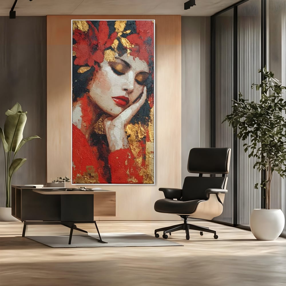 Tablou Canvas Premium, LuxCanva® G1227, Rasuflarea Luminii, Visare, Aur, Rosu, Tacere, Toamna, Catifea, Ganduri, Melancolie, Flori, Portret, Rafinament, Mister, Pasiune, Salon, Living, Dormitor