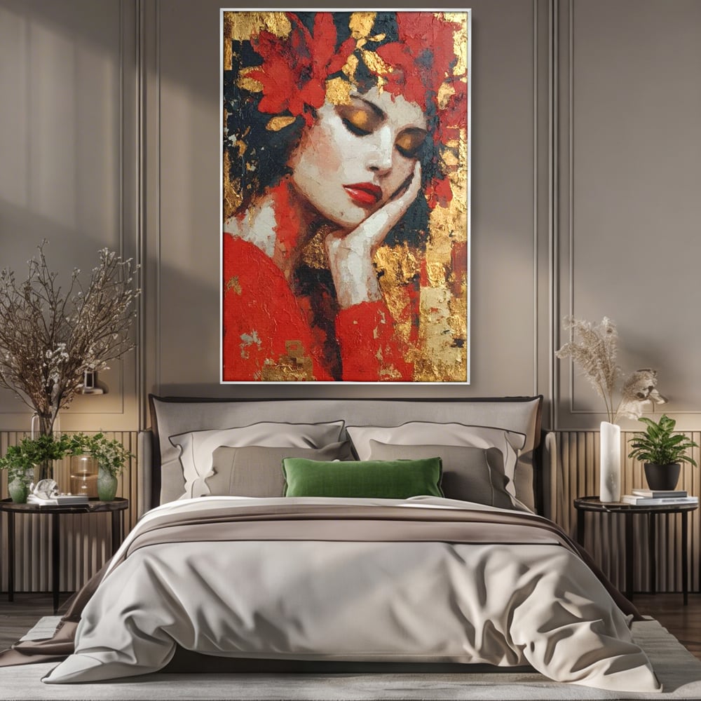 Tablou Canvas Premium, LuxCanva® G1227, Rasuflarea Luminii, Visare, Aur, Rosu, Tacere, Toamna, Catifea, Ganduri, Melancolie, Flori, Portret, Rafinament, Mister, Pasiune, Salon, Living, Dormitor