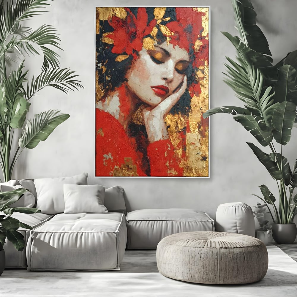 Tablou Canvas Premium, LuxCanva® G1227, Rasuflarea Luminii, Visare, Aur, Rosu, Tacere, Toamna, Catifea, Ganduri, Melancolie, Flori, Portret, Rafinament, Mister, Pasiune, Salon, Living, Dormitor