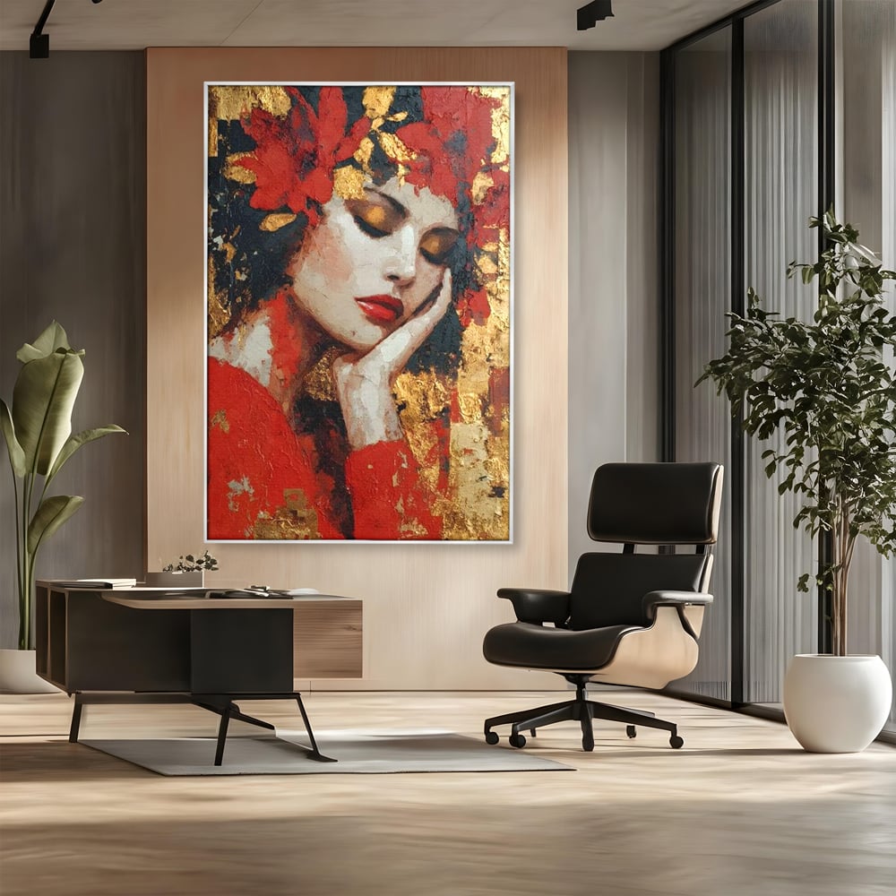 Tablou Canvas Premium, LuxCanva® G1227, Rasuflarea Luminii, Visare, Aur, Rosu, Tacere, Toamna, Catifea, Ganduri, Melancolie, Flori, Portret, Rafinament, Mister, Pasiune, Salon, Living, Dormitor