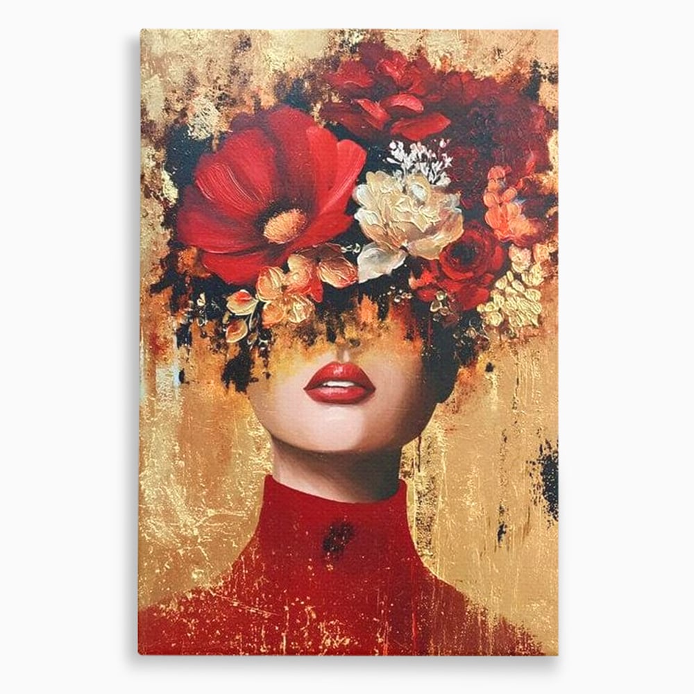 Tablou Canvas Premium, LuxCanva® G1228, Voal din Petale, Gradina, Tacut, Flori, Regina, Eclipsa, Rosu, Trandafir, Aur, Eleganta, Feminitate, Pictura, Texturat, Lux, Modern, Femeie, Salon, Living, Dormitor