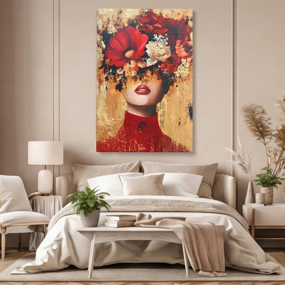 Tablou Canvas Premium, LuxCanva® G1228, Voal din Petale, Gradina, Tacut, Flori, Regina, Eclipsa, Rosu, Trandafir, Aur, Eleganta, Feminitate, Pictura, Texturat, Lux, Modern, Femeie, Salon, Living, Dormitor