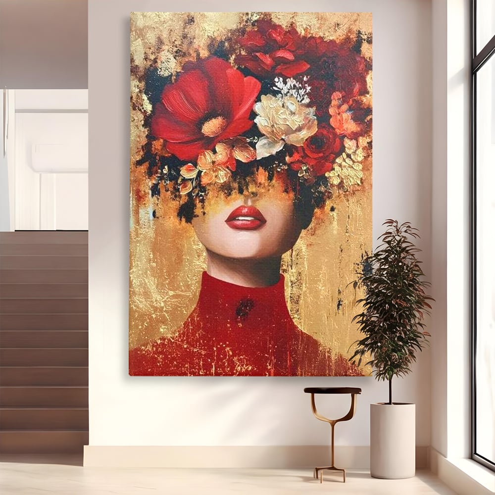 Tablou Canvas Premium, LuxCanva® G1228, Voal din Petale, Gradina, Tacut, Flori, Regina, Eclipsa, Rosu, Trandafir, Aur, Eleganta, Feminitate, Pictura, Texturat, Lux, Modern, Femeie, Salon, Living, Dormitor
