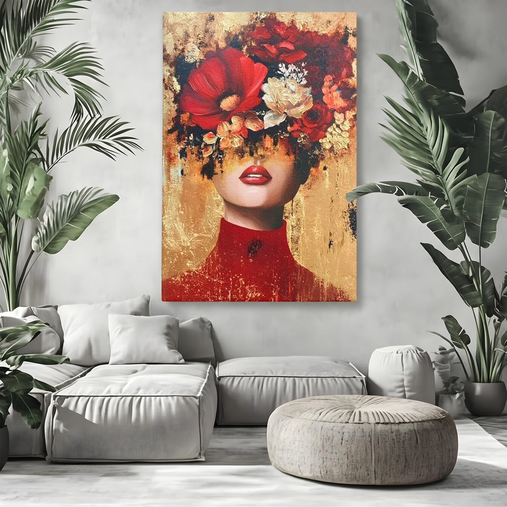 Tablou Canvas Premium, LuxCanva® G1228, Voal din Petale, Gradina, Tacut, Flori, Regina, Eclipsa, Rosu, Trandafir, Aur, Eleganta, Feminitate, Pictura, Texturat, Lux, Modern, Femeie, Salon, Living, Dormitor