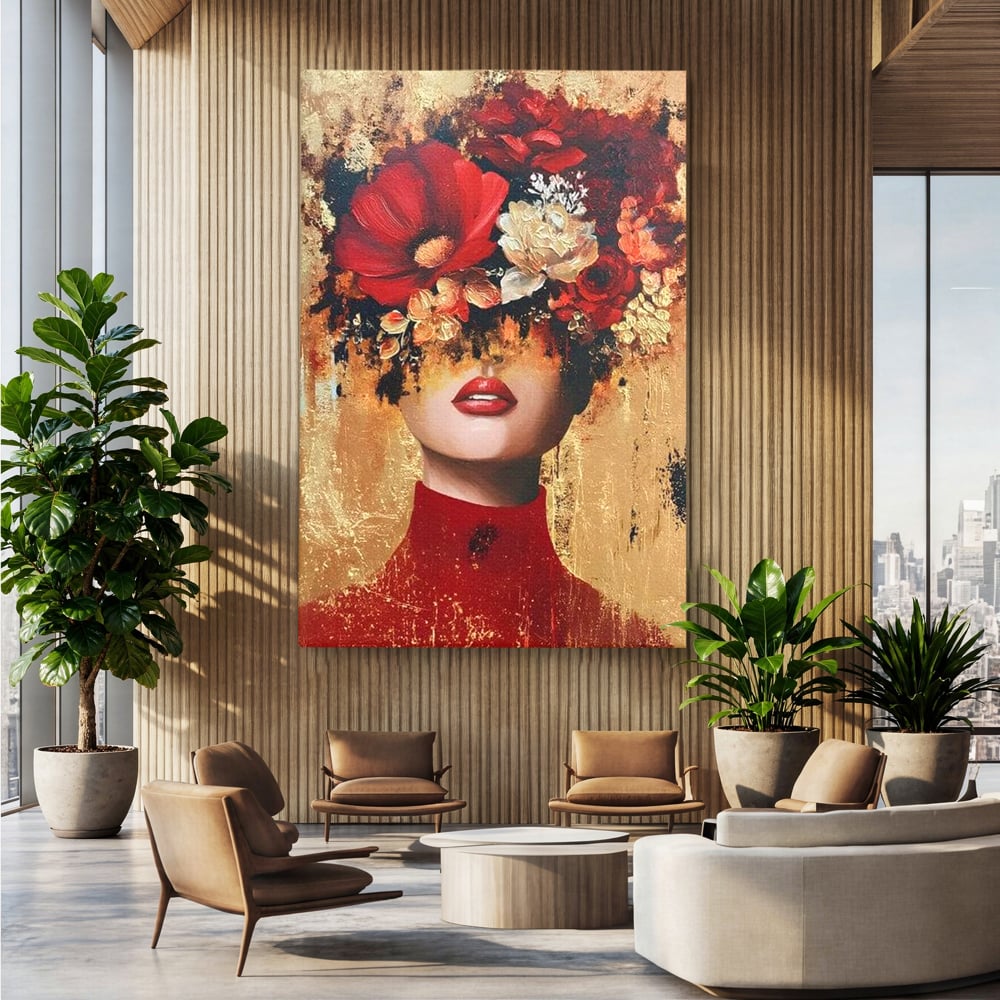Tablou Canvas Premium, LuxCanva® G1228, Voal din Petale, Gradina, Tacut, Flori, Regina, Eclipsa, Rosu, Trandafir, Aur, Eleganta, Feminitate, Pictura, Texturat, Lux, Modern, Femeie, Salon, Living, Dormitor
