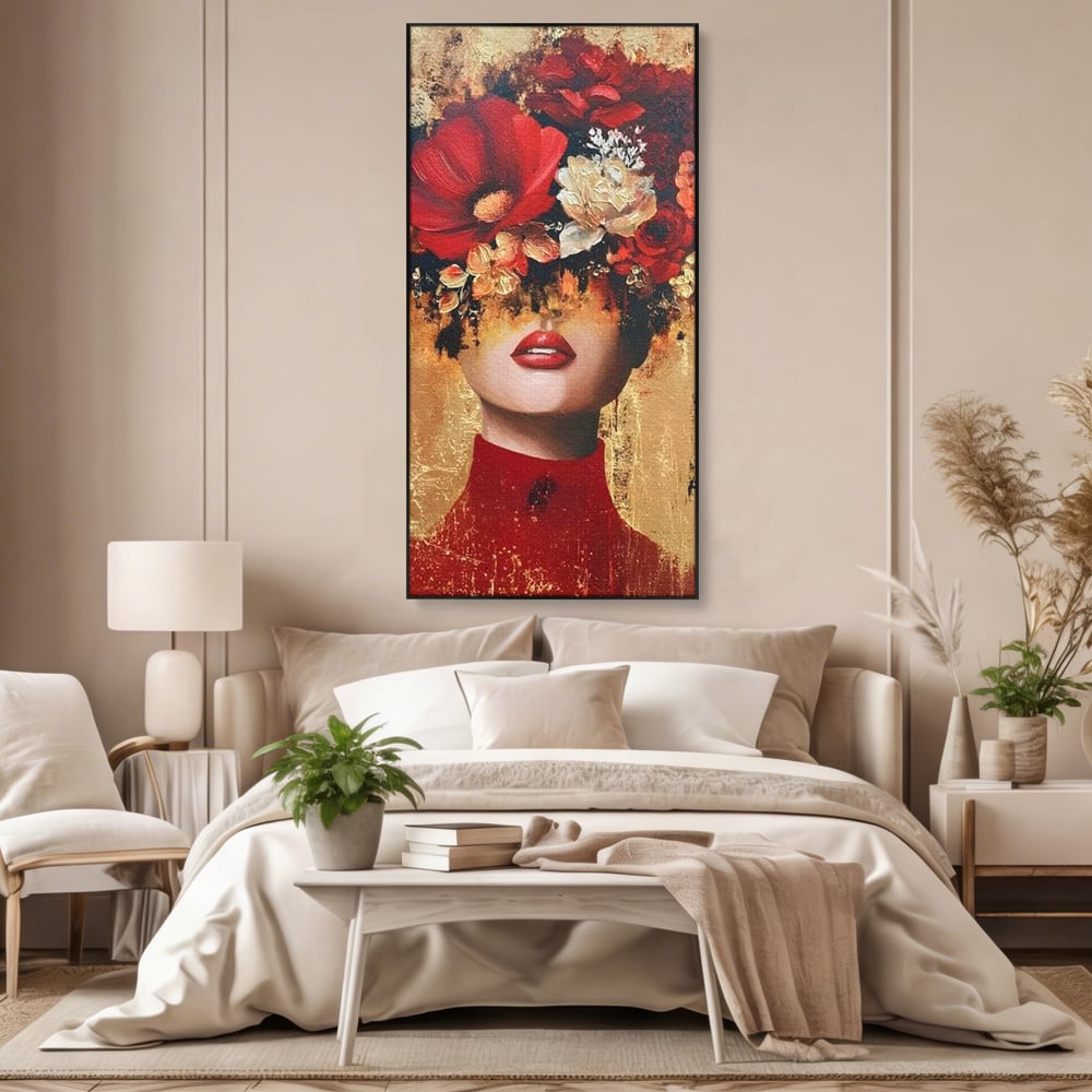 Tablou Canvas Premium, LuxCanva® G1228, Voal din Petale, Gradina, Tacut, Flori, Regina, Eclipsa, Rosu, Trandafir, Aur, Eleganta, Feminitate, Pictura, Texturat, Lux, Modern, Femeie, Salon, Living, Dormitor