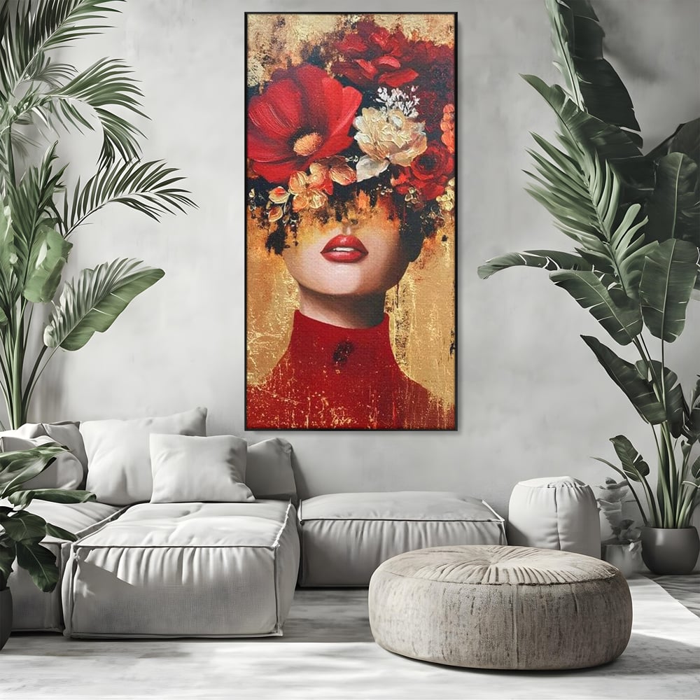 Tablou Canvas Premium, LuxCanva® G1228, Voal din Petale, Gradina, Tacut, Flori, Regina, Eclipsa, Rosu, Trandafir, Aur, Eleganta, Feminitate, Pictura, Texturat, Lux, Modern, Femeie, Salon, Living, Dormitor