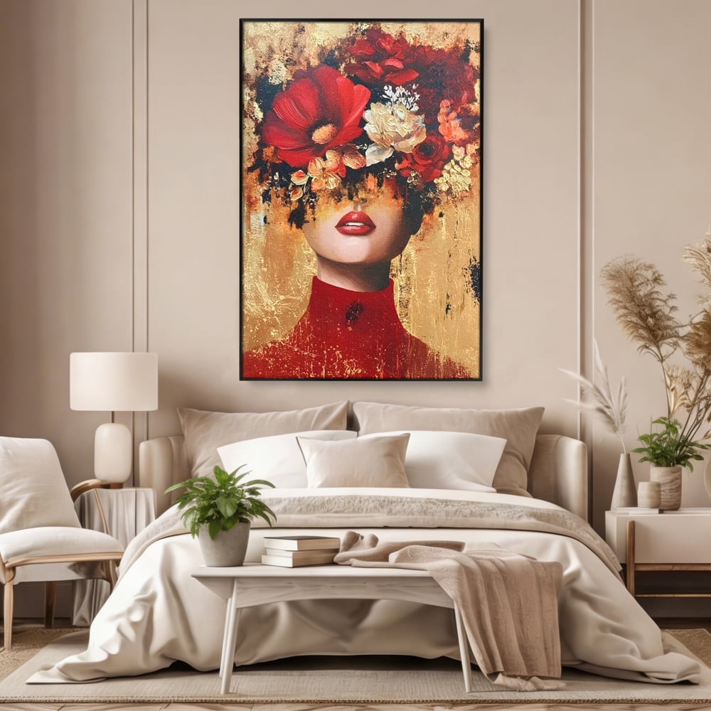 Tablou Canvas Premium, LuxCanva® G1228, Voal din Petale, Gradina, Tacut, Flori, Regina, Eclipsa, Rosu, Trandafir, Aur, Eleganta, Feminitate, Pictura, Texturat, Lux, Modern, Femeie, Salon, Living, Dormitor