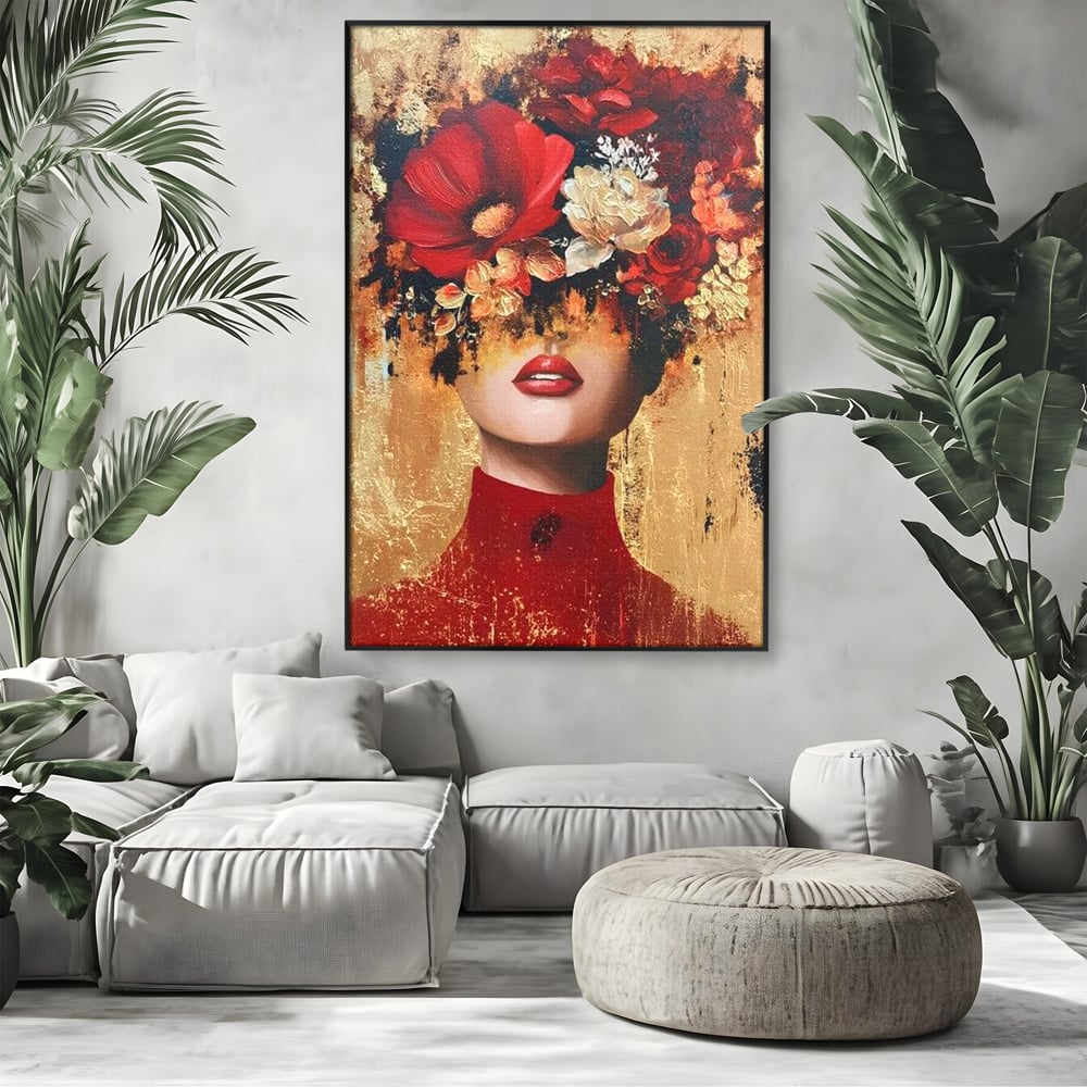 Tablou Canvas Premium, LuxCanva® G1228, Voal din Petale, Gradina, Tacut, Flori, Regina, Eclipsa, Rosu, Trandafir, Aur, Eleganta, Feminitate, Pictura, Texturat, Lux, Modern, Femeie, Salon, Living, Dormitor