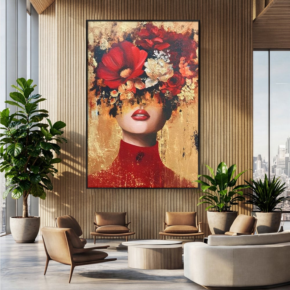 Tablou Canvas Premium, LuxCanva® G1228, Voal din Petale, Gradina, Tacut, Flori, Regina, Eclipsa, Rosu, Trandafir, Aur, Eleganta, Feminitate, Pictura, Texturat, Lux, Modern, Femeie, Salon, Living, Dormitor