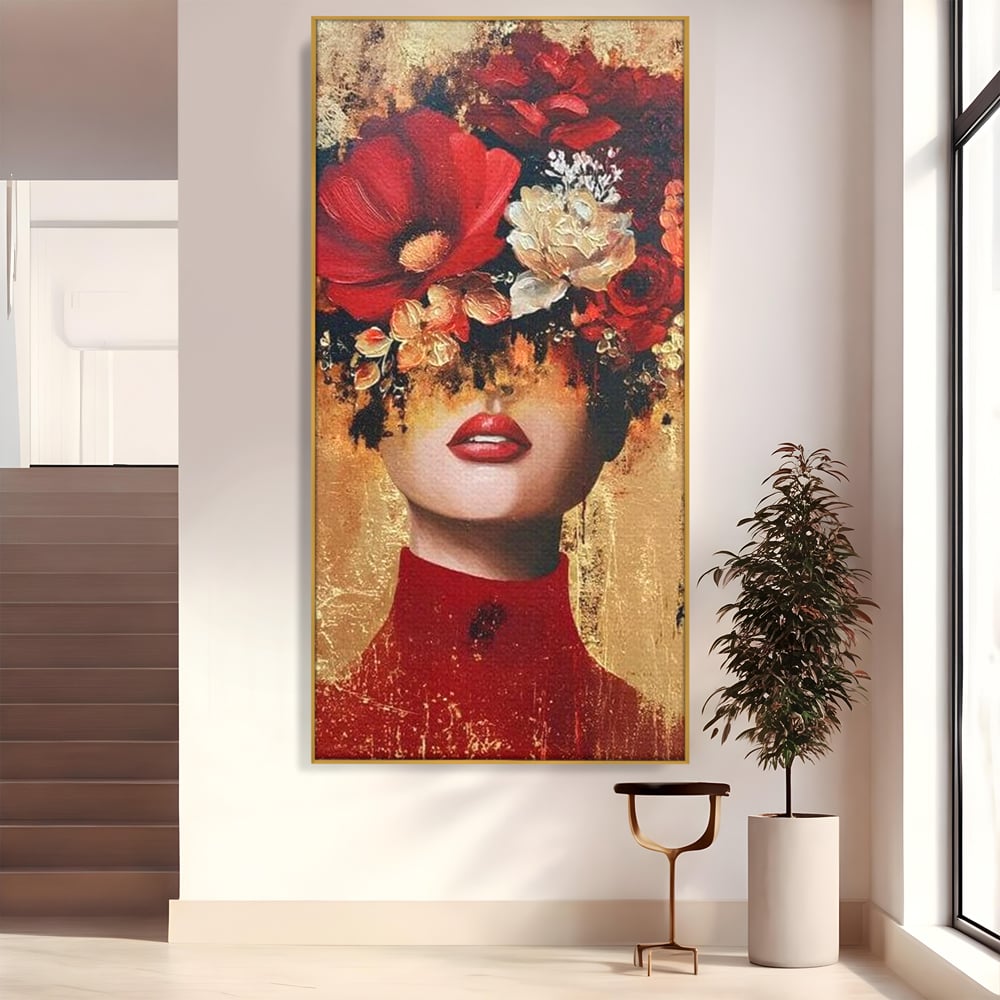 Tablou Canvas Premium, LuxCanva® G1228, Voal din Petale, Gradina, Tacut, Flori, Regina, Eclipsa, Rosu, Trandafir, Aur, Eleganta, Feminitate, Pictura, Texturat, Lux, Modern, Femeie, Salon, Living, Dormitor