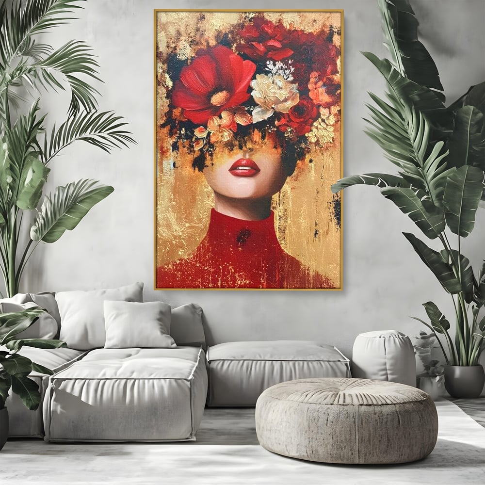 Tablou Canvas Premium, LuxCanva® G1228, Voal din Petale, Gradina, Tacut, Flori, Regina, Eclipsa, Rosu, Trandafir, Aur, Eleganta, Feminitate, Pictura, Texturat, Lux, Modern, Femeie, Salon, Living, Dormitor