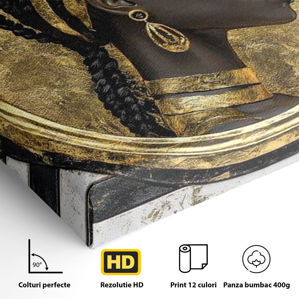Tablou Canvas Premium, LuxCanva® G1229, Portret Afro Modern, Regalitate, Aur, Negru, Ecou, Putere, Liniste, Zeitate, Modern, Cerc, Esenta, Minimalism, Lux, Contrast, Sofisticat, Salon, Living, Dormitor