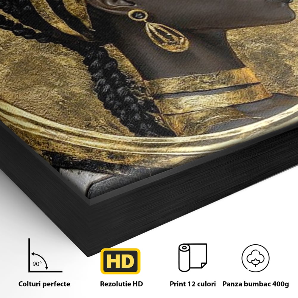 Tablou Canvas Premium, LuxCanva® G1229, Portret Afro Modern, Regalitate, Aur, Negru, Ecou, Putere, Liniste, Zeitate, Modern, Cerc, Esenta, Minimalism, Lux, Contrast, Sofisticat, Salon, Living, Dormitor