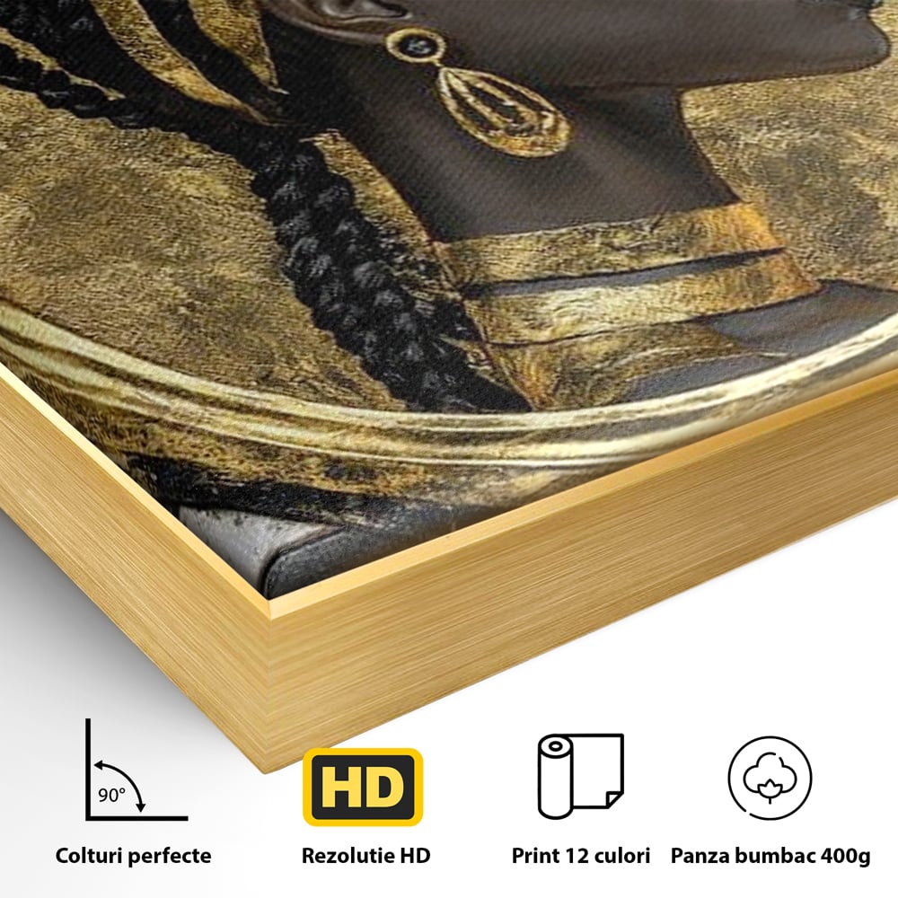Tablou Canvas Premium, LuxCanva® G1229, Portret Afro Modern, Regalitate, Aur, Negru, Ecou, Putere, Liniste, Zeitate, Modern, Cerc, Esenta, Minimalism, Lux, Contrast, Sofisticat, Salon, Living, Dormitor