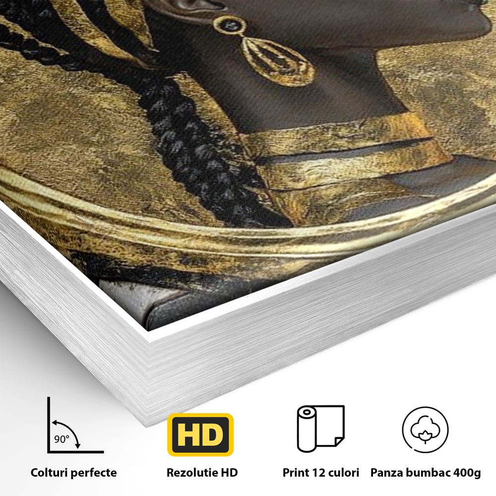 Tablou Canvas Premium, LuxCanva® G1229, Portret Afro Modern, Regalitate, Aur, Negru, Ecou, Putere, Liniste, Zeitate, Modern, Cerc, Esenta, Minimalism, Lux, Contrast, Sofisticat, Salon, Living, Dormitor