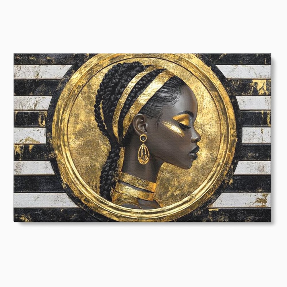 Tablou Canvas Premium, LuxCanva® G1229, Portret Afro Modern, Regalitate, Aur, Negru, Ecou, Putere, Liniste, Zeitate, Modern, Cerc, Esenta, Minimalism, Lux, Contrast, Sofisticat, Salon, Living, Dormitor