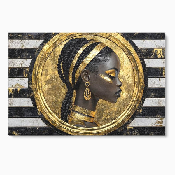 Tablou Canvas Premium, LuxCanva® G1229, Portret Afro Modern, Regalitate, Aur, Negru, Ecou, Putere, Liniste, Zeitate, Modern, Cerc, Esenta, Minimalism, Lux, Contrast, Sofisticat, Salon, Living, Dormitor