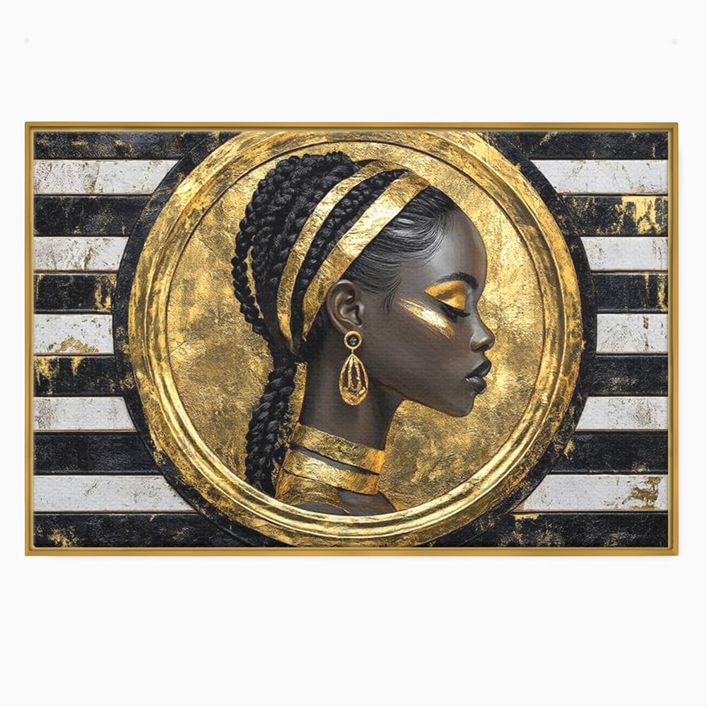 Tablou Canvas Premium, LuxCanva® G1229, Portret Afro Modern, Regalitate, Aur, Negru, Ecou, Putere, Liniste, Zeitate, Modern, Cerc, Esenta, Minimalism, Lux, Contrast, Sofisticat, Salon, Living, Dormitor