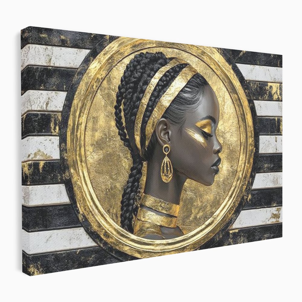 Tablou Canvas Premium, LuxCanva® G1229, Portret Afro Modern, Regalitate, Aur, Negru, Ecou, Putere, Liniste, Zeitate, Modern, Cerc, Esenta, Minimalism, Lux, Contrast, Sofisticat, Salon, Living, Dormitor