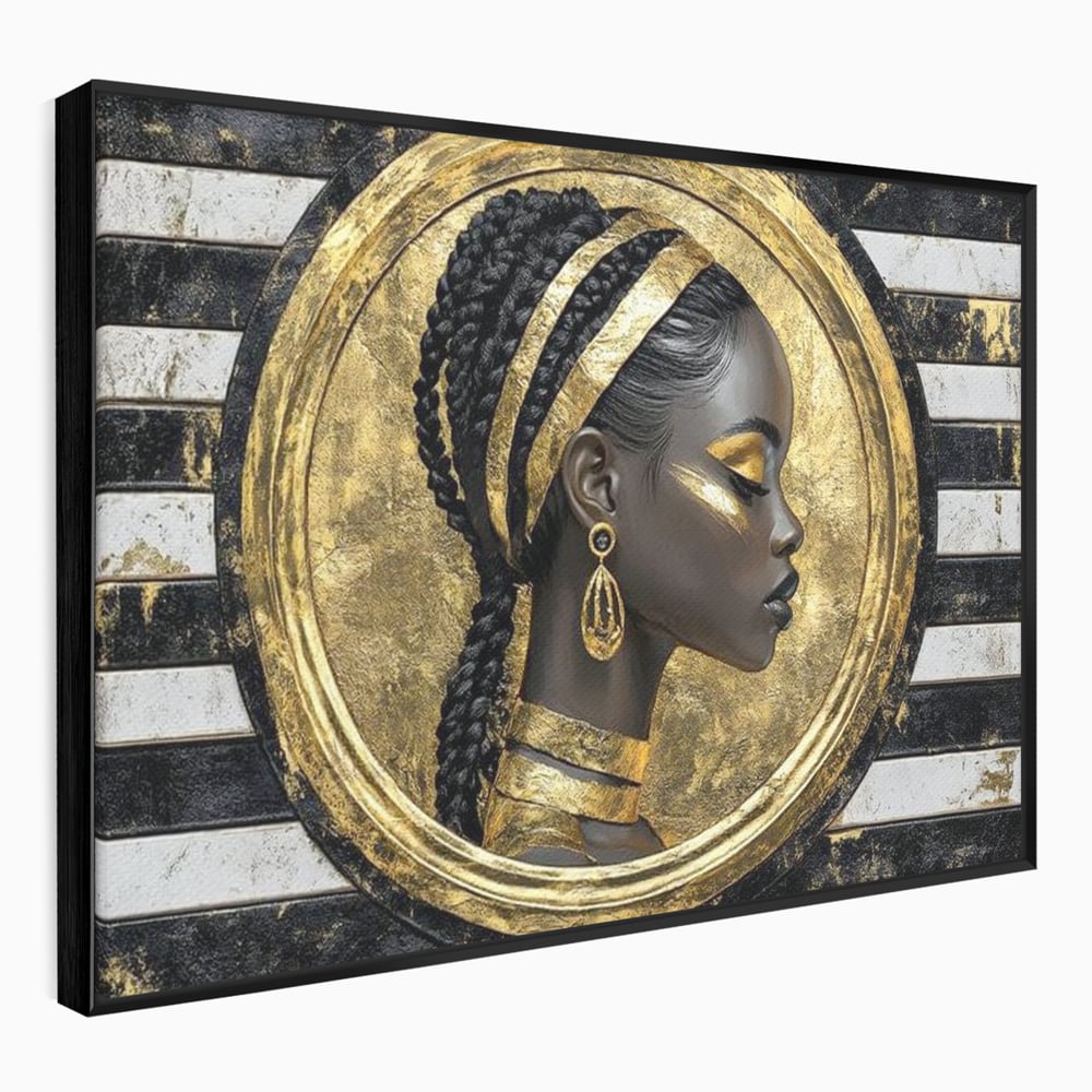 Tablou Canvas Premium, LuxCanva® G1229, Portret Afro Modern, Regalitate, Aur, Negru, Ecou, Putere, Liniste, Zeitate, Modern, Cerc, Esenta, Minimalism, Lux, Contrast, Sofisticat, Salon, Living, Dormitor
