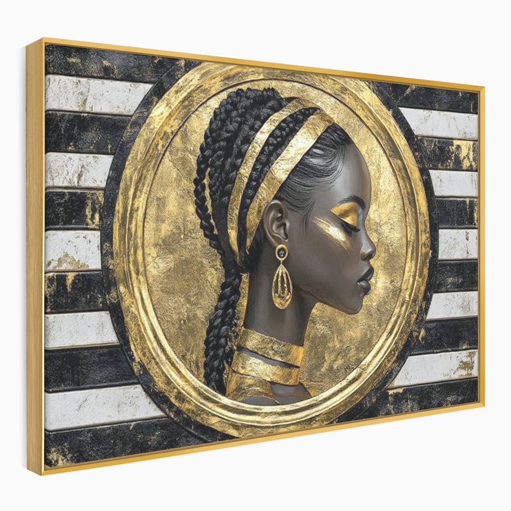 Tablou Canvas Premium, LuxCanva® G1229, Portret Afro Modern, Regalitate, Aur, Negru, Ecou, Putere, Liniste, Zeitate, Modern, Cerc, Esenta, Minimalism, Lux, Contrast, Sofisticat, Salon, Living, Dormitor