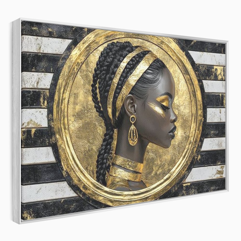 Tablou Canvas Premium, LuxCanva® G1229, Portret Afro Modern, Regalitate, Aur, Negru, Ecou, Putere, Liniste, Zeitate, Modern, Cerc, Esenta, Minimalism, Lux, Contrast, Sofisticat, Salon, Living, Dormitor