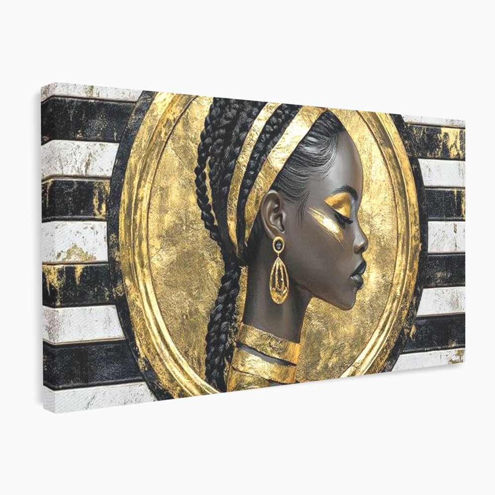 Tablou Canvas Premium, LuxCanva® G1229, Portret Afro Modern, Regalitate, Aur, Negru, Ecou, Putere, Liniste, Zeitate, Modern, Cerc, Esenta, Minimalism, Lux, Contrast, Sofisticat, Salon, Living, Dormitor