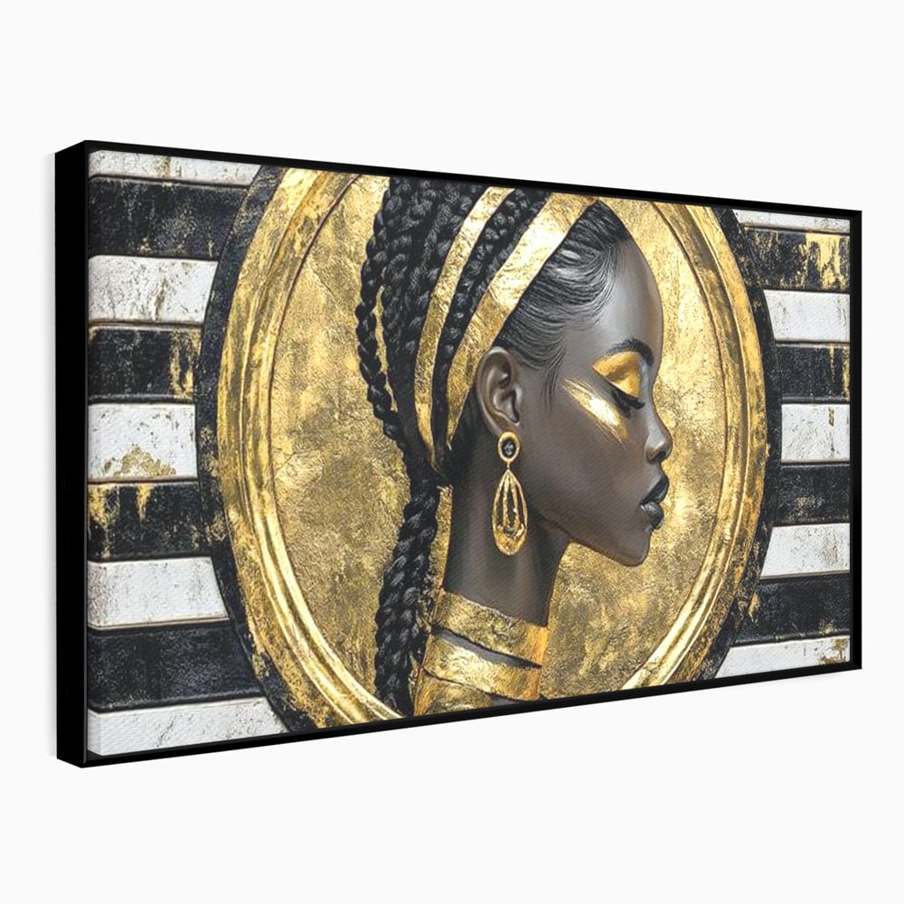 Tablou Canvas Premium, LuxCanva® G1229, Portret Afro Modern, Regalitate, Aur, Negru, Ecou, Putere, Liniste, Zeitate, Modern, Cerc, Esenta, Minimalism, Lux, Contrast, Sofisticat, Salon, Living, Dormitor