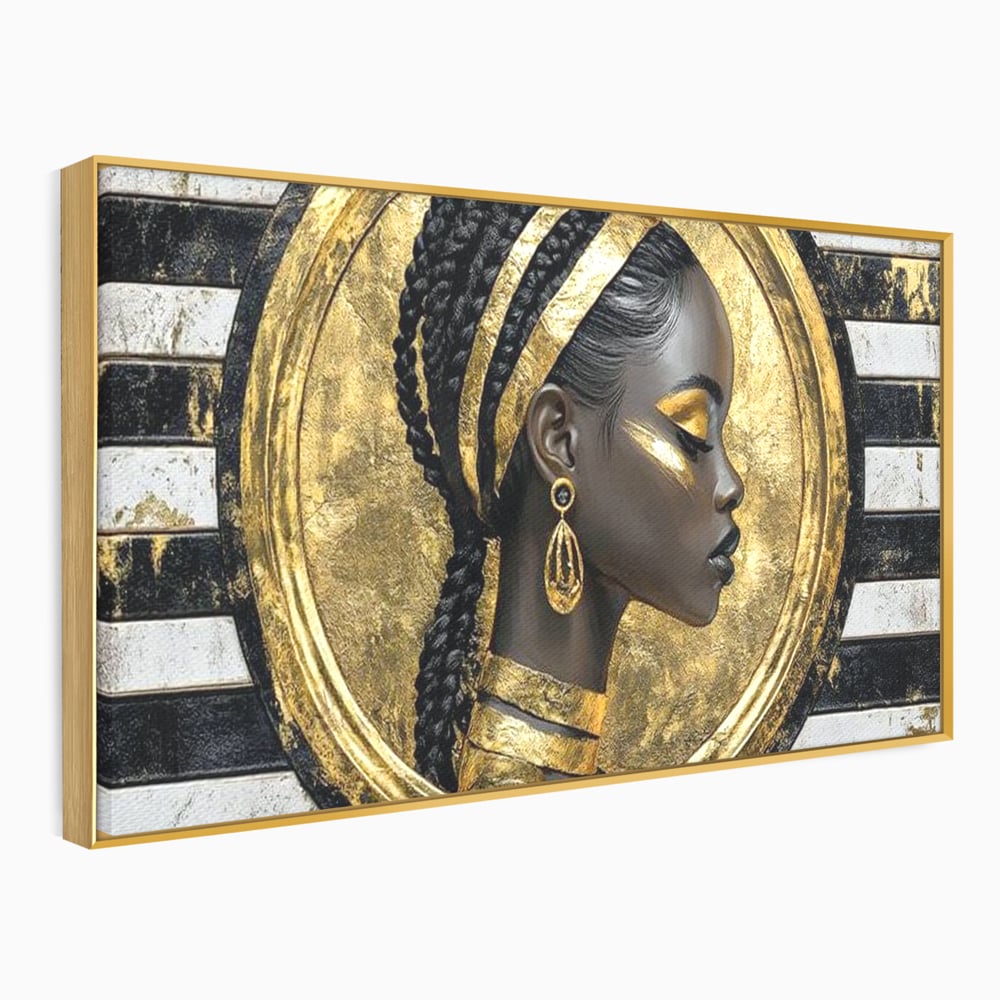 Tablou Canvas Premium, LuxCanva® G1229, Portret Afro Modern, Regalitate, Aur, Negru, Ecou, Putere, Liniste, Zeitate, Modern, Cerc, Esenta, Minimalism, Lux, Contrast, Sofisticat, Salon, Living, Dormitor