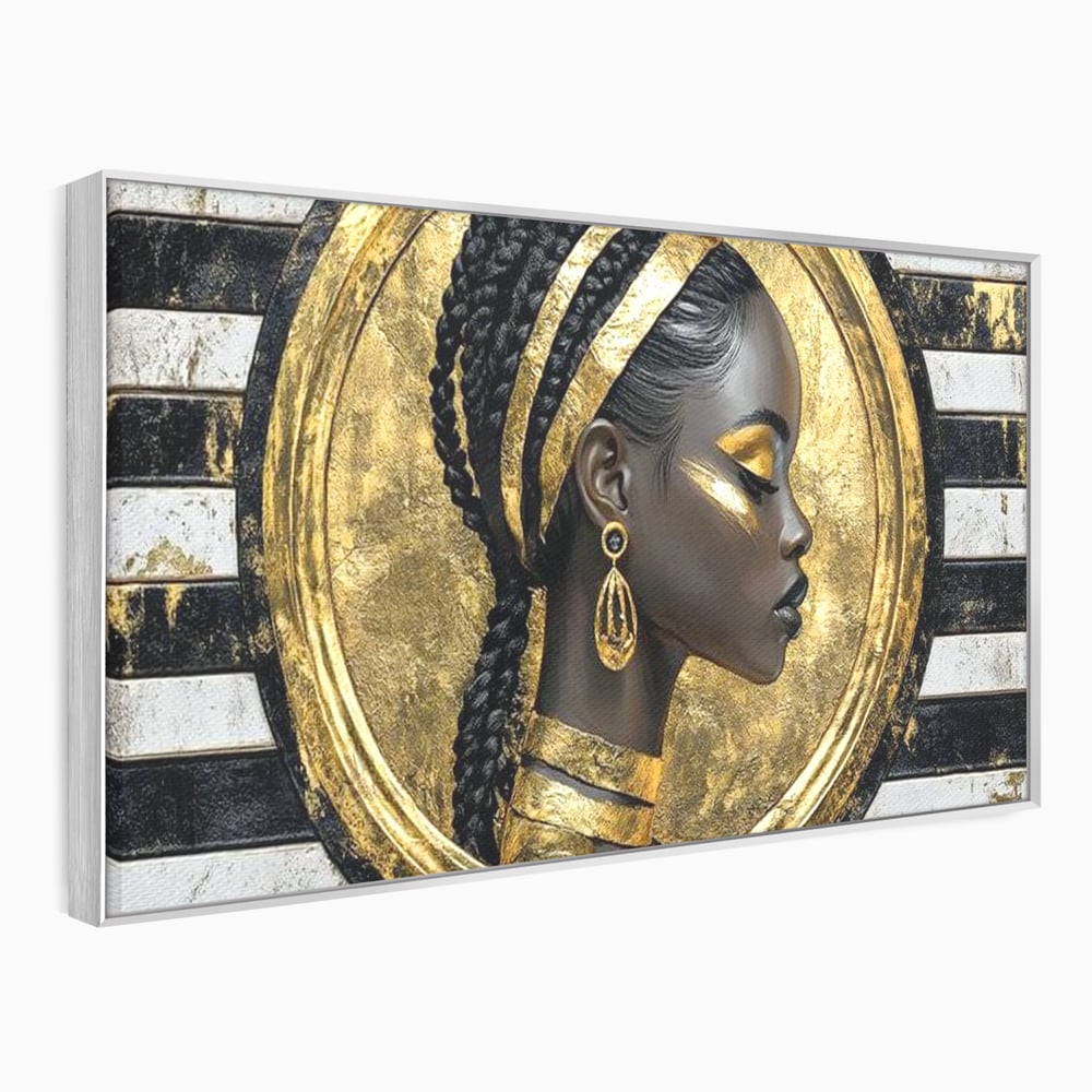 Tablou Canvas Premium, LuxCanva® G1229, Portret Afro Modern, Regalitate, Aur, Negru, Ecou, Putere, Liniste, Zeitate, Modern, Cerc, Esenta, Minimalism, Lux, Contrast, Sofisticat, Salon, Living, Dormitor