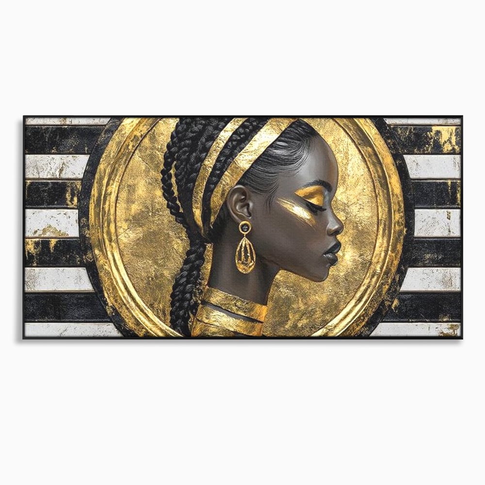 Tablou Canvas Premium, LuxCanva® G1229, Portret Afro Modern, Regalitate, Aur, Negru, Ecou, Putere, Liniste, Zeitate, Modern, Cerc, Esenta, Minimalism, Lux, Contrast, Sofisticat, Salon, Living, Dormitor