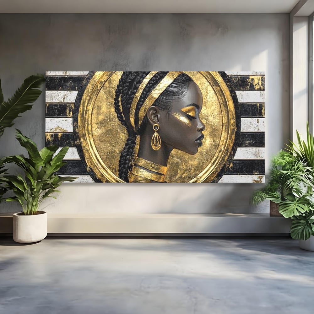 Tablou Canvas Premium, LuxCanva® G1229, Portret Afro Modern, Regalitate, Aur, Negru, Ecou, Putere, Liniste, Zeitate, Modern, Cerc, Esenta, Minimalism, Lux, Contrast, Sofisticat, Salon, Living, Dormitor