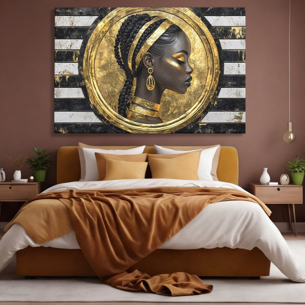 Tablou Canvas Premium, LuxCanva® G1229, Portret Afro Modern, Regalitate, Aur, Negru, Ecou, Putere, Liniste, Zeitate, Modern, Cerc, Esenta, Minimalism, Lux, Contrast, Sofisticat, Salon, Living, Dormitor