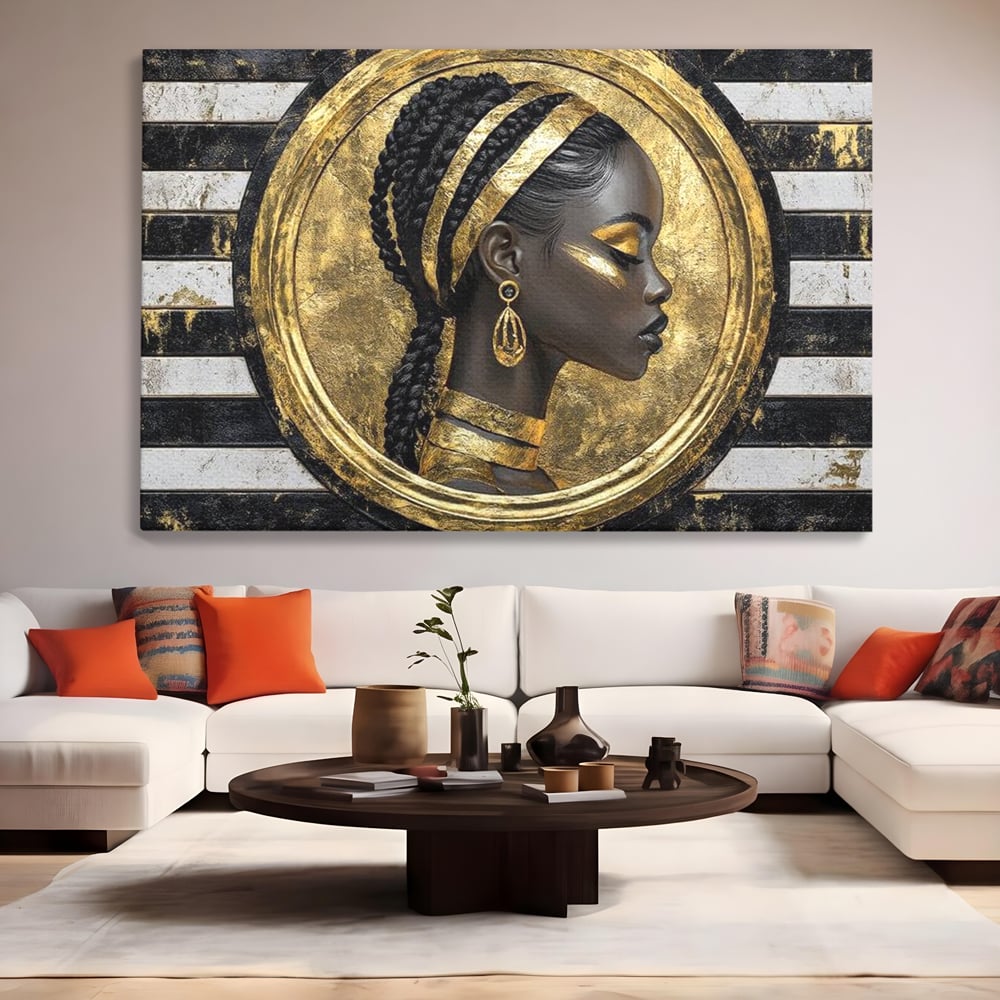 Tablou Canvas Premium, LuxCanva® G1229, Portret Afro Modern, Regalitate, Aur, Negru, Ecou, Putere, Liniste, Zeitate, Modern, Cerc, Esenta, Minimalism, Lux, Contrast, Sofisticat, Salon, Living, Dormitor