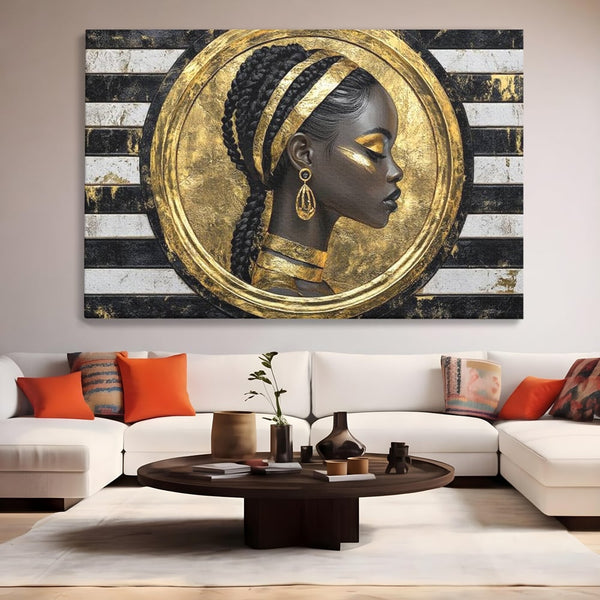 Tablou Canvas Premium, LuxCanva® G1229, Portret Afro Modern, Regalitate, Aur, Negru, Ecou, Putere, Liniste, Zeitate, Modern, Cerc, Esenta, Minimalism, Lux, Contrast, Sofisticat, Salon, Living, Dormitor