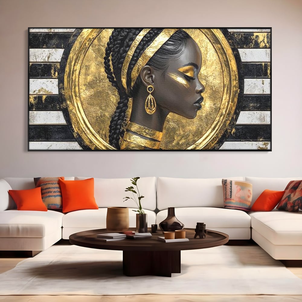 Tablou Canvas Premium, LuxCanva® G1229, Portret Afro Modern, Regalitate, Aur, Negru, Ecou, Putere, Liniste, Zeitate, Modern, Cerc, Esenta, Minimalism, Lux, Contrast, Sofisticat, Salon, Living, Dormitor