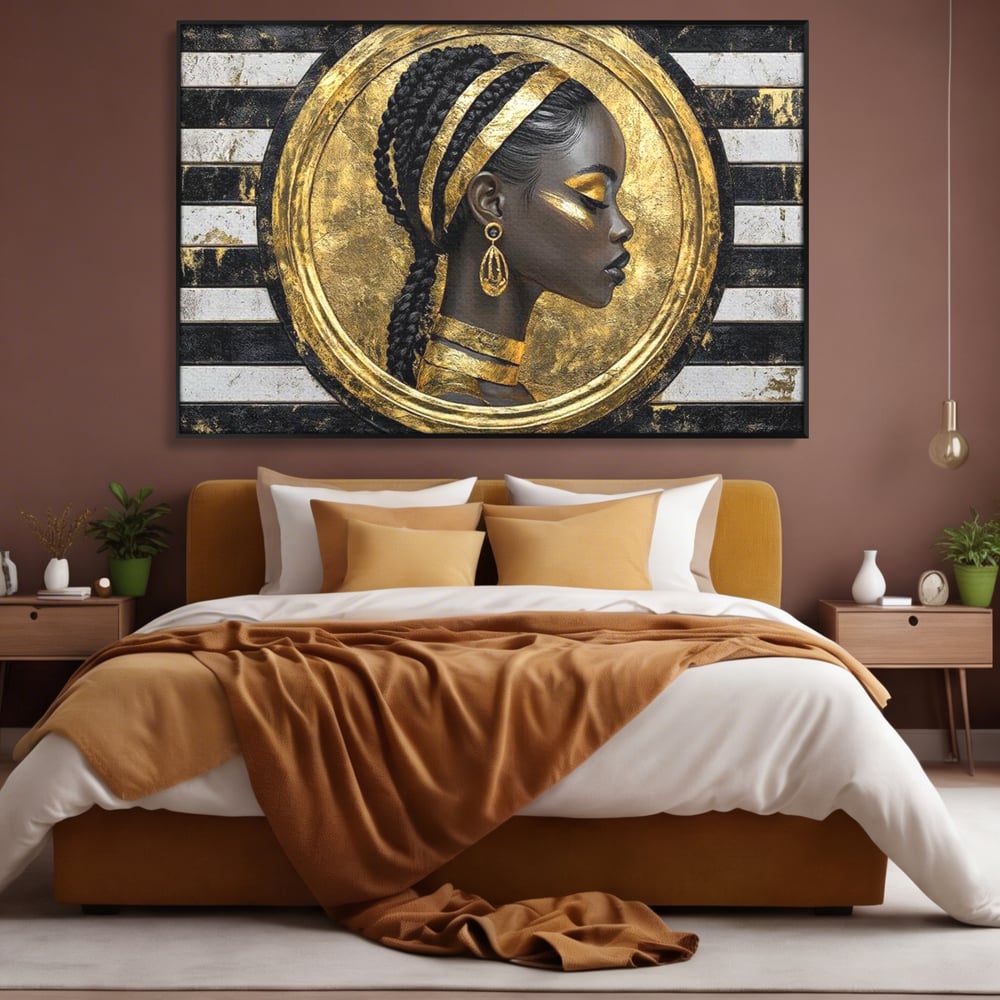 Tablou Canvas Premium, LuxCanva® G1229, Portret Afro Modern, Regalitate, Aur, Negru, Ecou, Putere, Liniste, Zeitate, Modern, Cerc, Esenta, Minimalism, Lux, Contrast, Sofisticat, Salon, Living, Dormitor