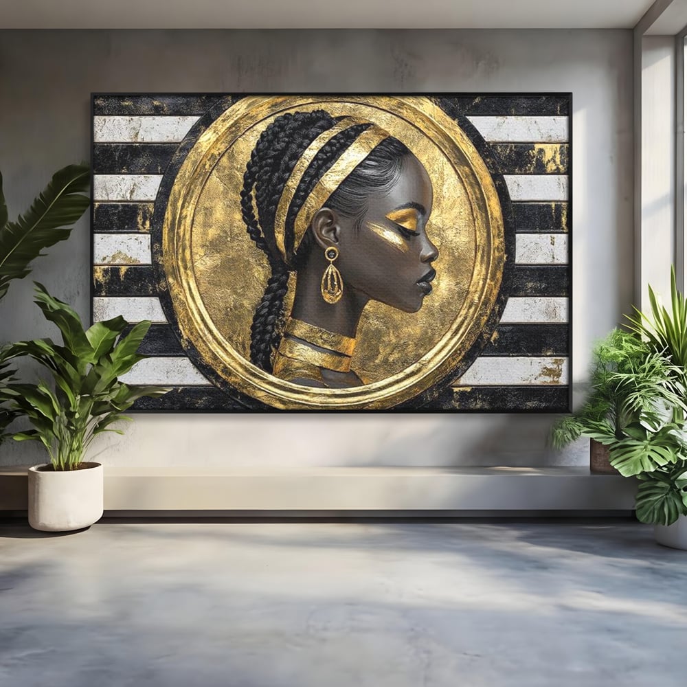 Tablou Canvas Premium, LuxCanva® G1229, Portret Afro Modern, Regalitate, Aur, Negru, Ecou, Putere, Liniste, Zeitate, Modern, Cerc, Esenta, Minimalism, Lux, Contrast, Sofisticat, Salon, Living, Dormitor