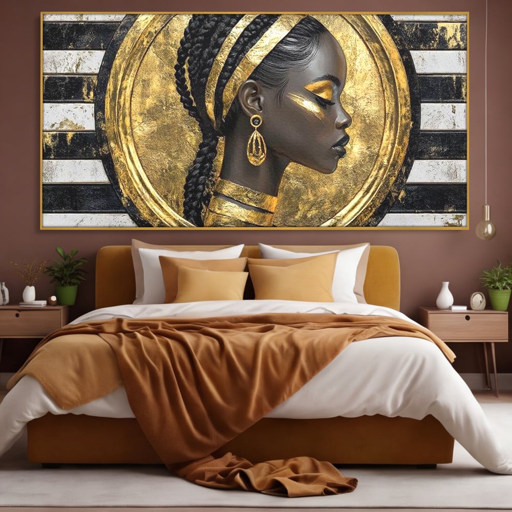 Tablou Canvas Premium, LuxCanva® G1229, Portret Afro Modern, Regalitate, Aur, Negru, Ecou, Putere, Liniste, Zeitate, Modern, Cerc, Esenta, Minimalism, Lux, Contrast, Sofisticat, Salon, Living, Dormitor