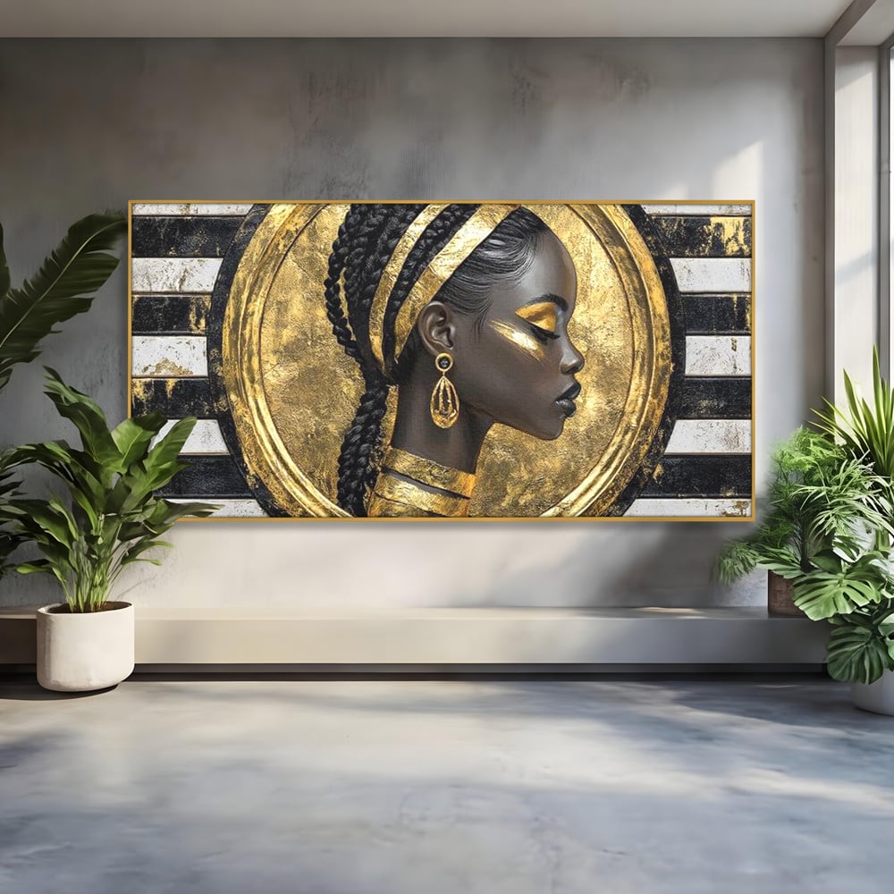 Tablou Canvas Premium, LuxCanva® G1229, Portret Afro Modern, Regalitate, Aur, Negru, Ecou, Putere, Liniste, Zeitate, Modern, Cerc, Esenta, Minimalism, Lux, Contrast, Sofisticat, Salon, Living, Dormitor