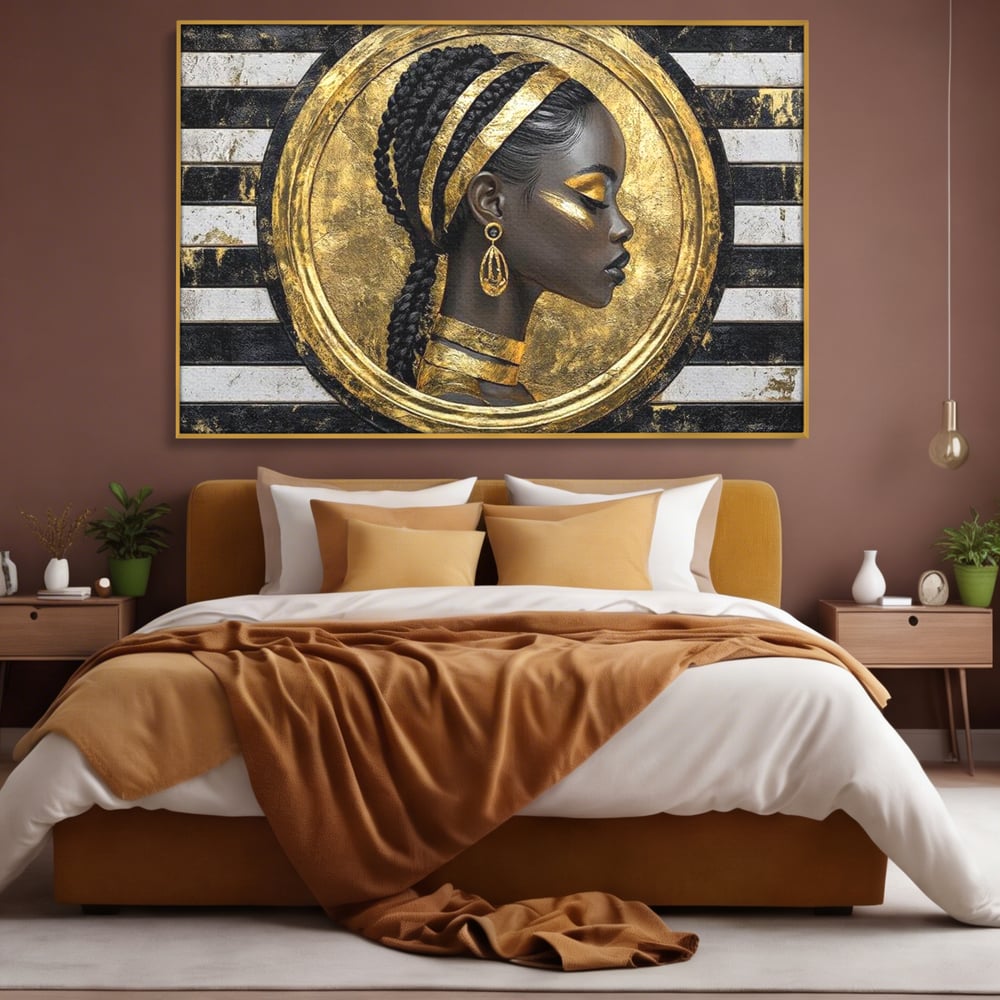 Tablou Canvas Premium, LuxCanva® G1229, Portret Afro Modern, Regalitate, Aur, Negru, Ecou, Putere, Liniste, Zeitate, Modern, Cerc, Esenta, Minimalism, Lux, Contrast, Sofisticat, Salon, Living, Dormitor