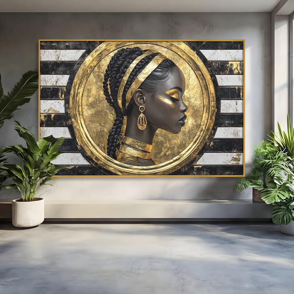 Tablou Canvas Premium, LuxCanva® G1229, Portret Afro Modern, Regalitate, Aur, Negru, Ecou, Putere, Liniste, Zeitate, Modern, Cerc, Esenta, Minimalism, Lux, Contrast, Sofisticat, Salon, Living, Dormitor