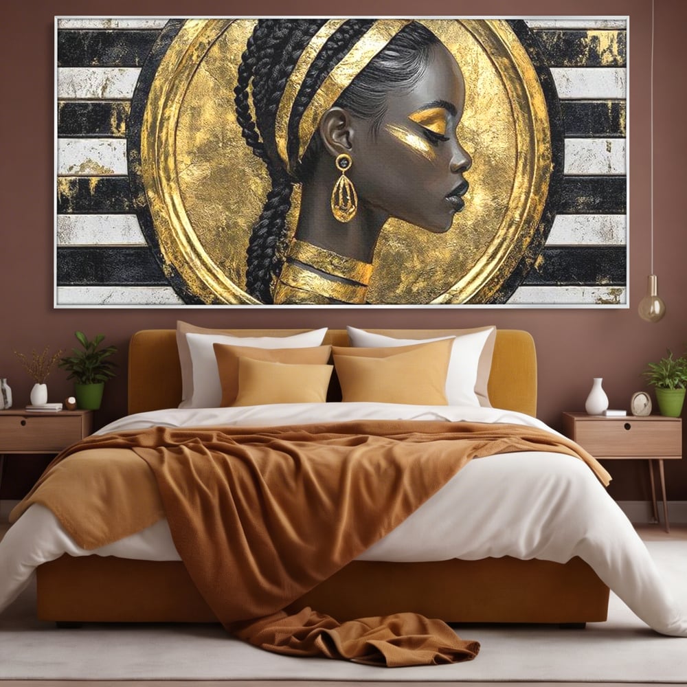Tablou Canvas Premium, LuxCanva® G1229, Portret Afro Modern, Regalitate, Aur, Negru, Ecou, Putere, Liniste, Zeitate, Modern, Cerc, Esenta, Minimalism, Lux, Contrast, Sofisticat, Salon, Living, Dormitor