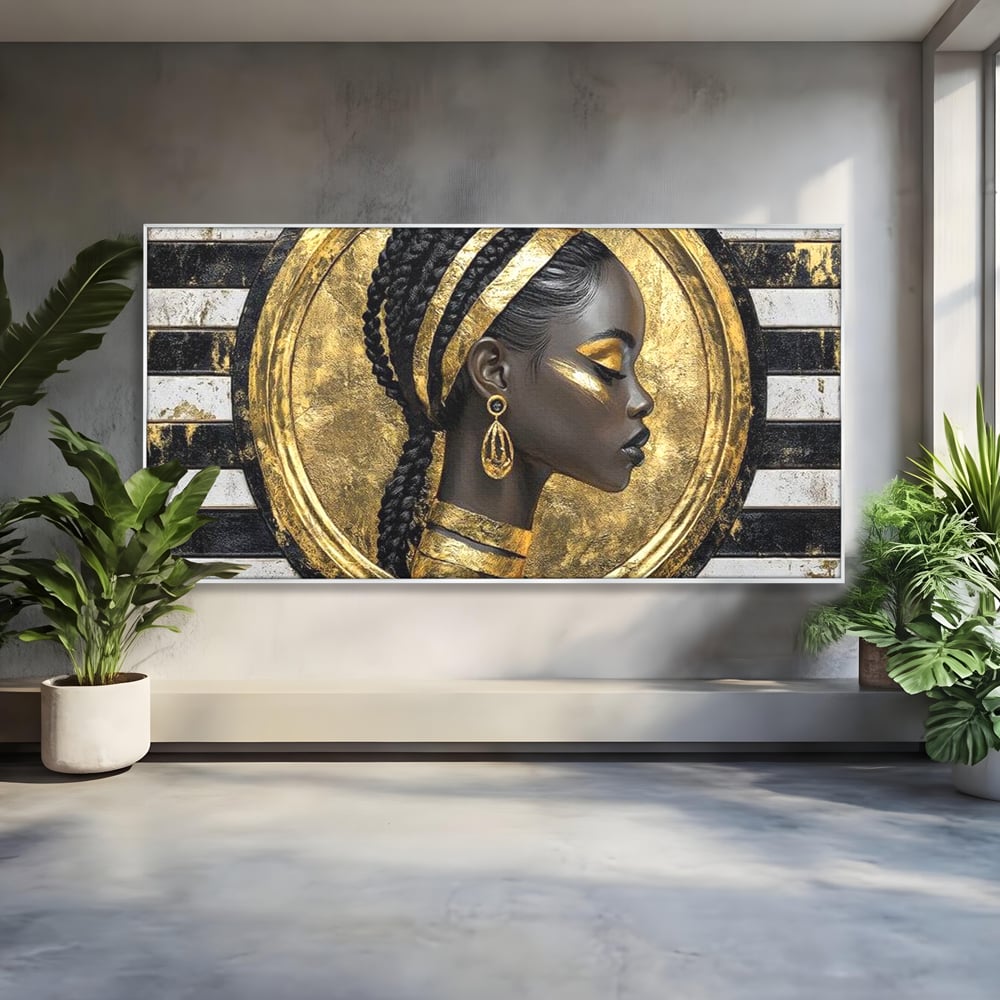 Tablou Canvas Premium, LuxCanva® G1229, Portret Afro Modern, Regalitate, Aur, Negru, Ecou, Putere, Liniste, Zeitate, Modern, Cerc, Esenta, Minimalism, Lux, Contrast, Sofisticat, Salon, Living, Dormitor