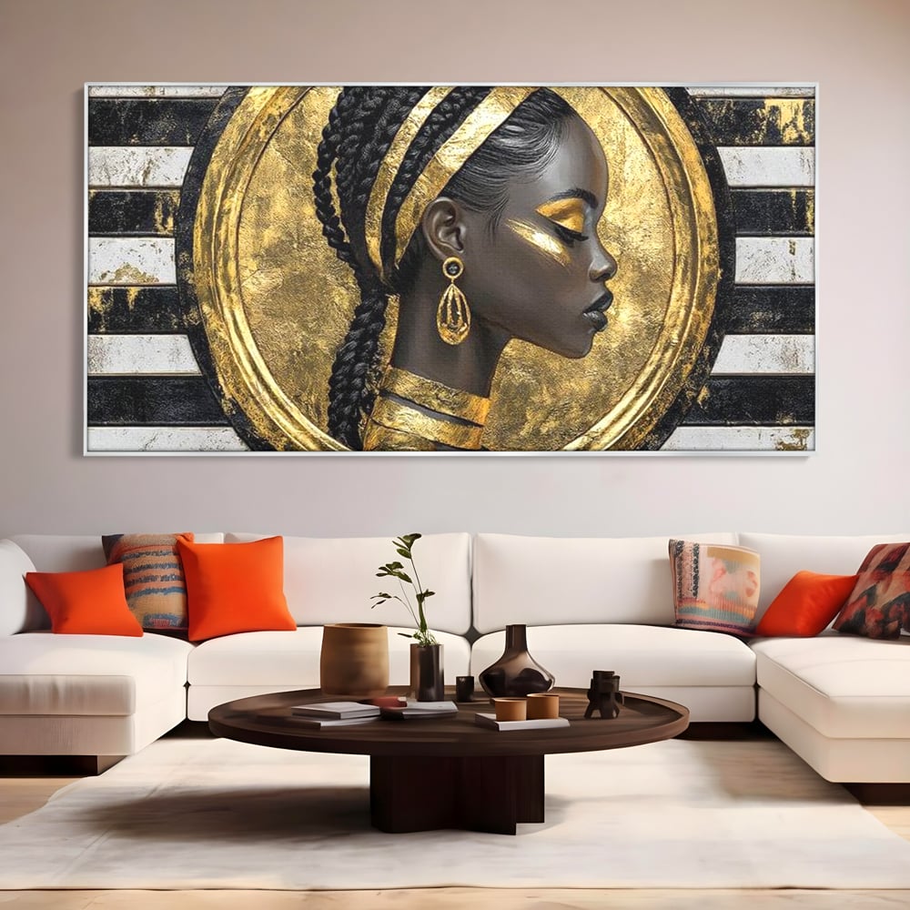 Tablou Canvas Premium, LuxCanva® G1229, Portret Afro Modern, Regalitate, Aur, Negru, Ecou, Putere, Liniste, Zeitate, Modern, Cerc, Esenta, Minimalism, Lux, Contrast, Sofisticat, Salon, Living, Dormitor