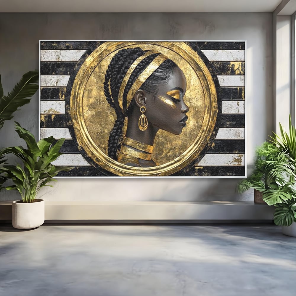 Tablou Canvas Premium, LuxCanva® G1229, Portret Afro Modern, Regalitate, Aur, Negru, Ecou, Putere, Liniste, Zeitate, Modern, Cerc, Esenta, Minimalism, Lux, Contrast, Sofisticat, Salon, Living, Dormitor