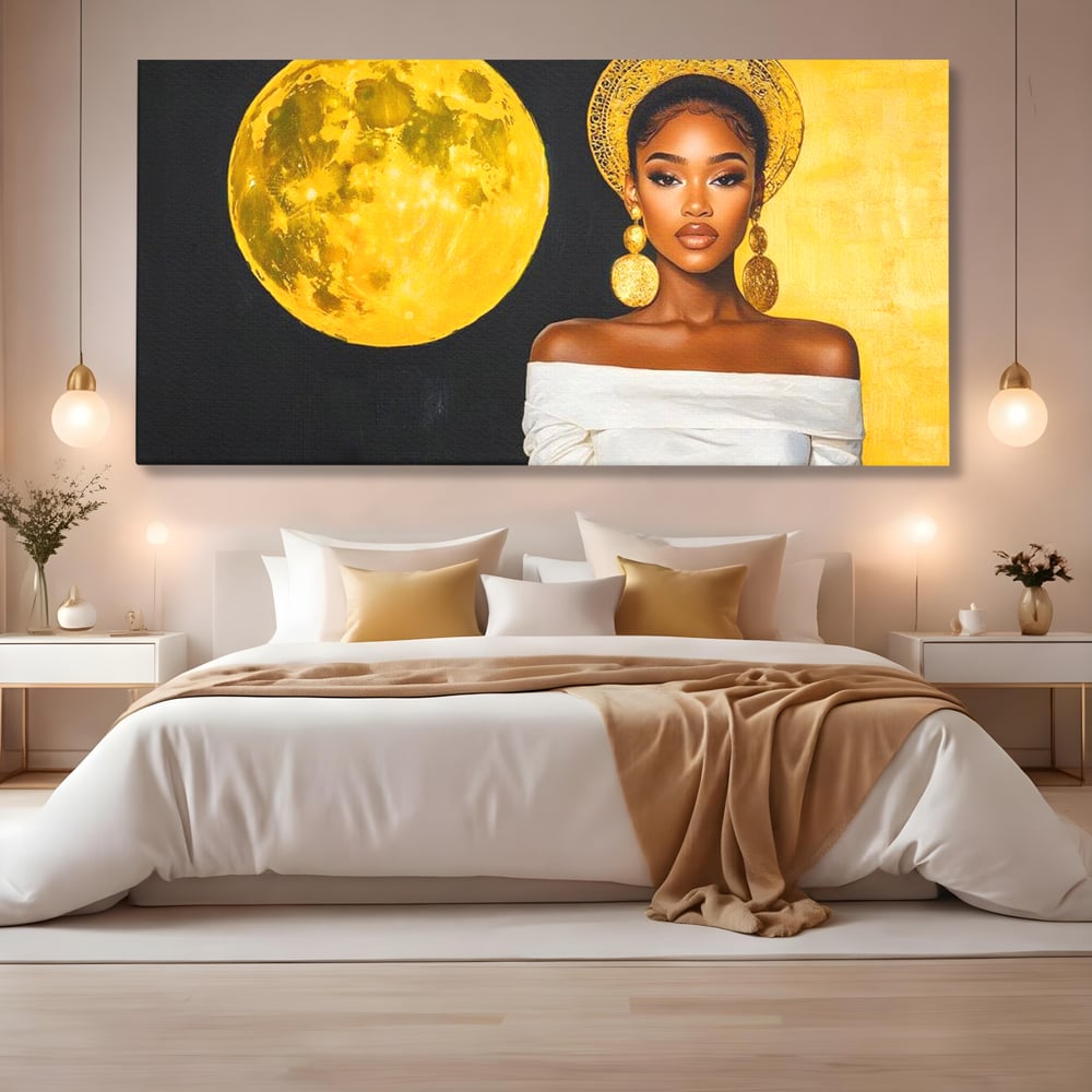 Tablou Canvas Premium, LuxCanva® G1230, Lumina din Tine, Luna, Aur, Aurora, Nocturn, Cr, Pamant, Cosic, Alb, Negru, Forta, Divinitate, Bijuterii, Cercei, Rochie, Umeri, Senzual, Salon, Living, Dormitor
