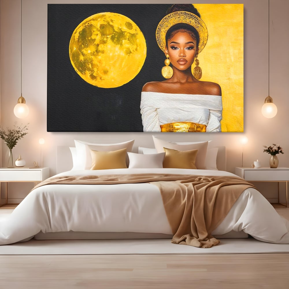 Tablou Canvas Premium, LuxCanva® G1230, Lumina din Tine, Luna, Aur, Aurora, Nocturn, Cr, Pamant, Cosic, Alb, Negru, Forta, Divinitate, Bijuterii, Cercei, Rochie, Umeri, Senzual, Salon, Living, Dormitor