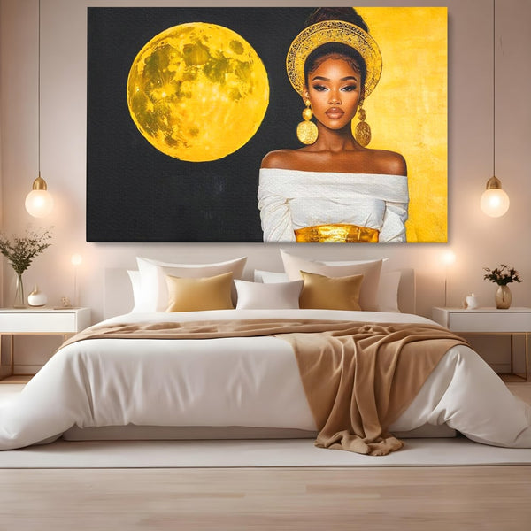 Tablou Canvas Premium, LuxCanva® G1230, Lumina din Tine, Luna, Aur, Aurora, Nocturn, Cr, Pamant, Cosic, Alb, Negru, Forta, Divinitate, Bijuterii, Cercei, Rochie, Umeri, Senzual, Salon, Living, Dormitor